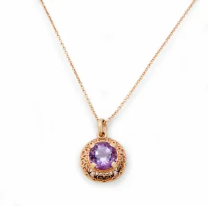 NG4791-1 Elegant Amethyst Pendant Necklace in Rose Gold with Intricate Filigree Detail