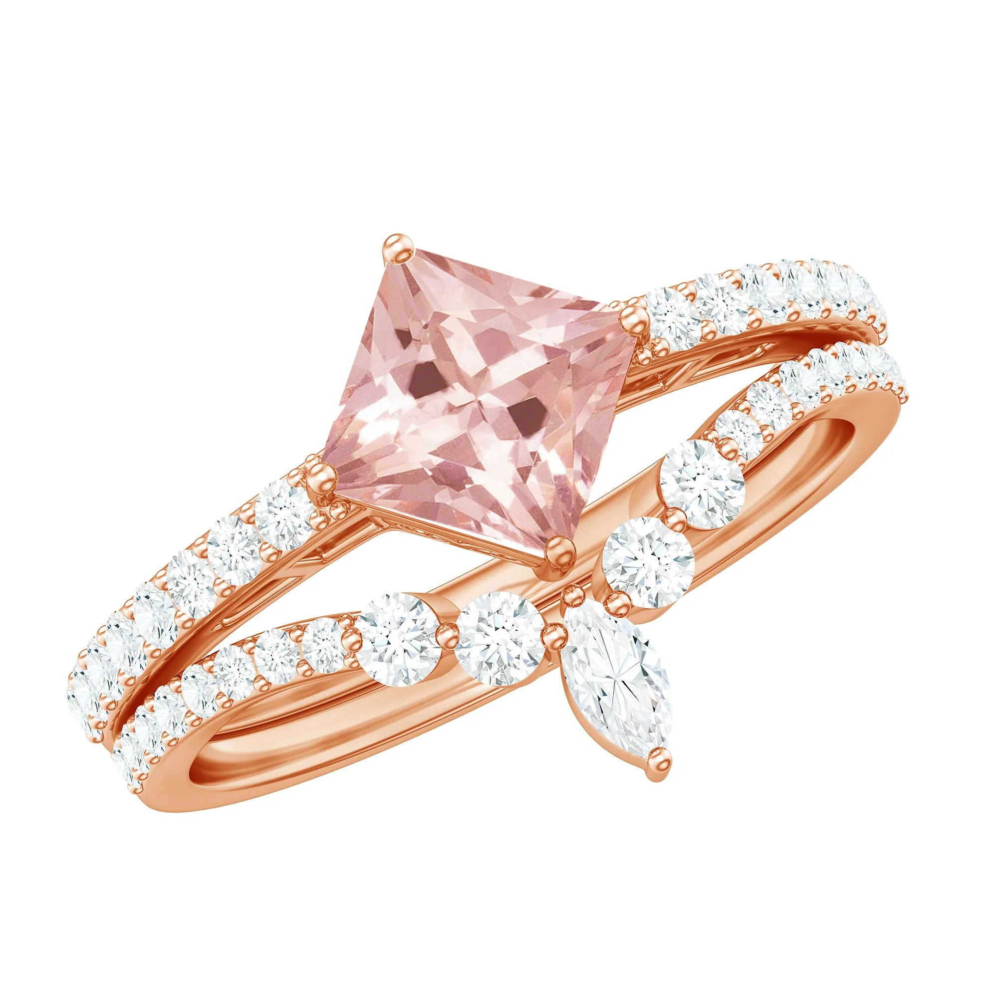 Princess Cut Solitaire Morganite Designer Ring Set with Diamond