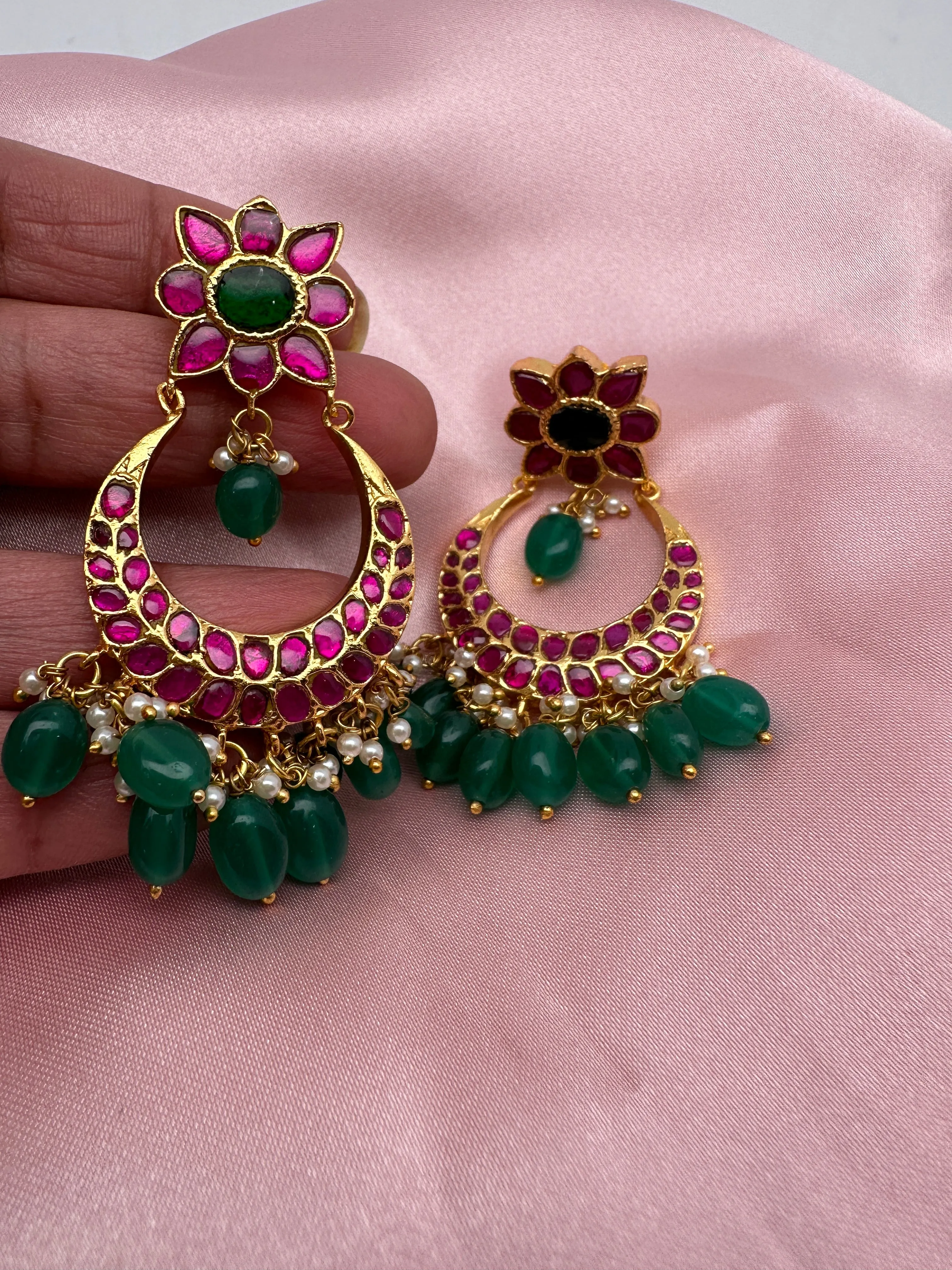 Red Green Jadau Kundan Floral Design Chandbali Earrings