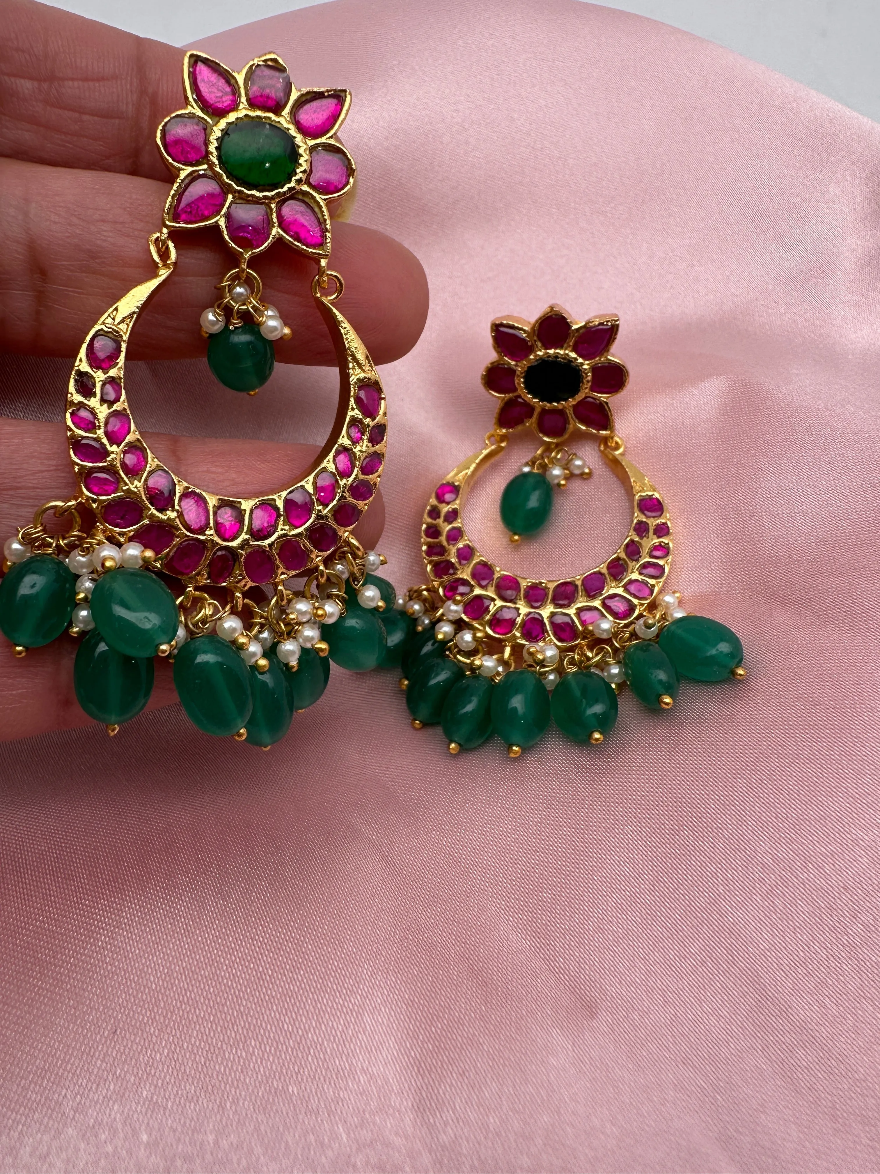 Red Green Jadau Kundan Floral Design Chandbali Earrings