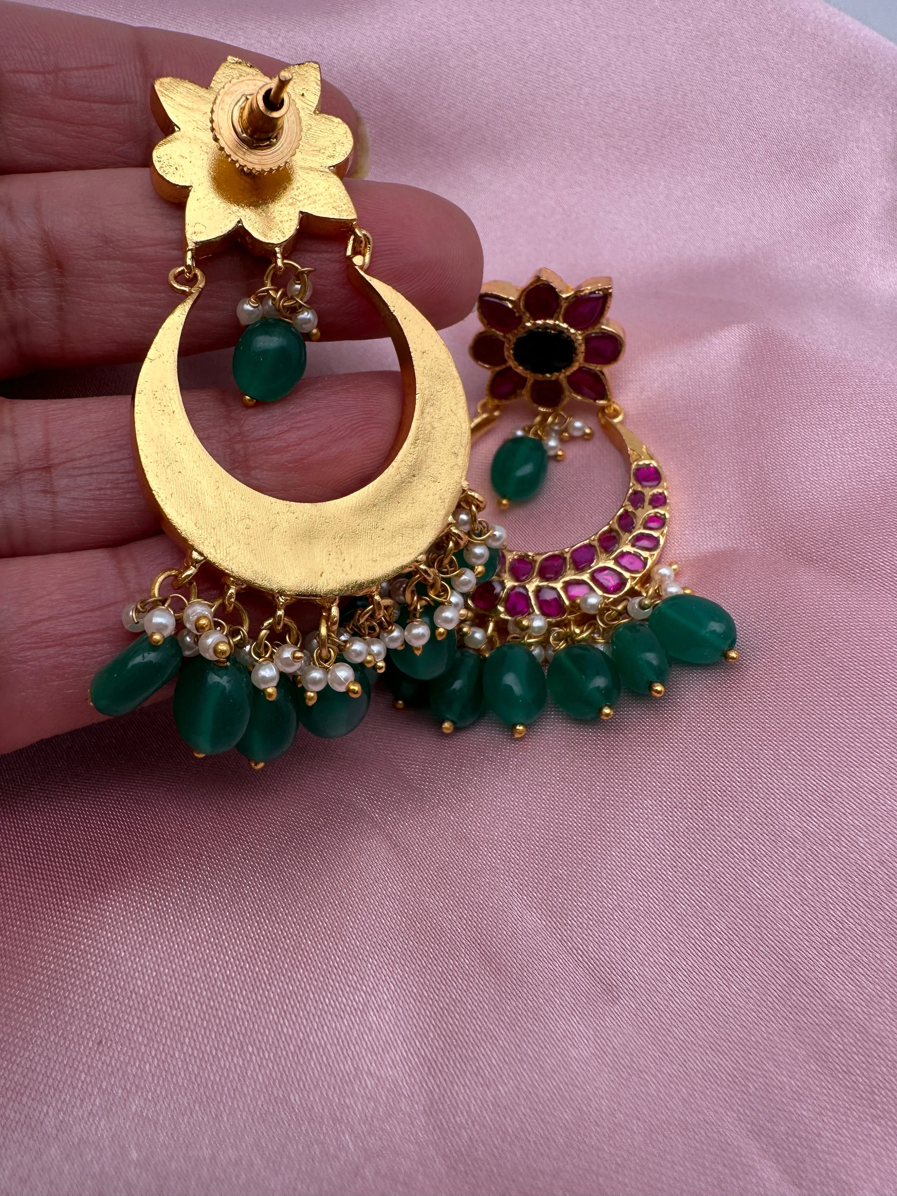 Red Green Jadau Kundan Floral Design Chandbali Earrings