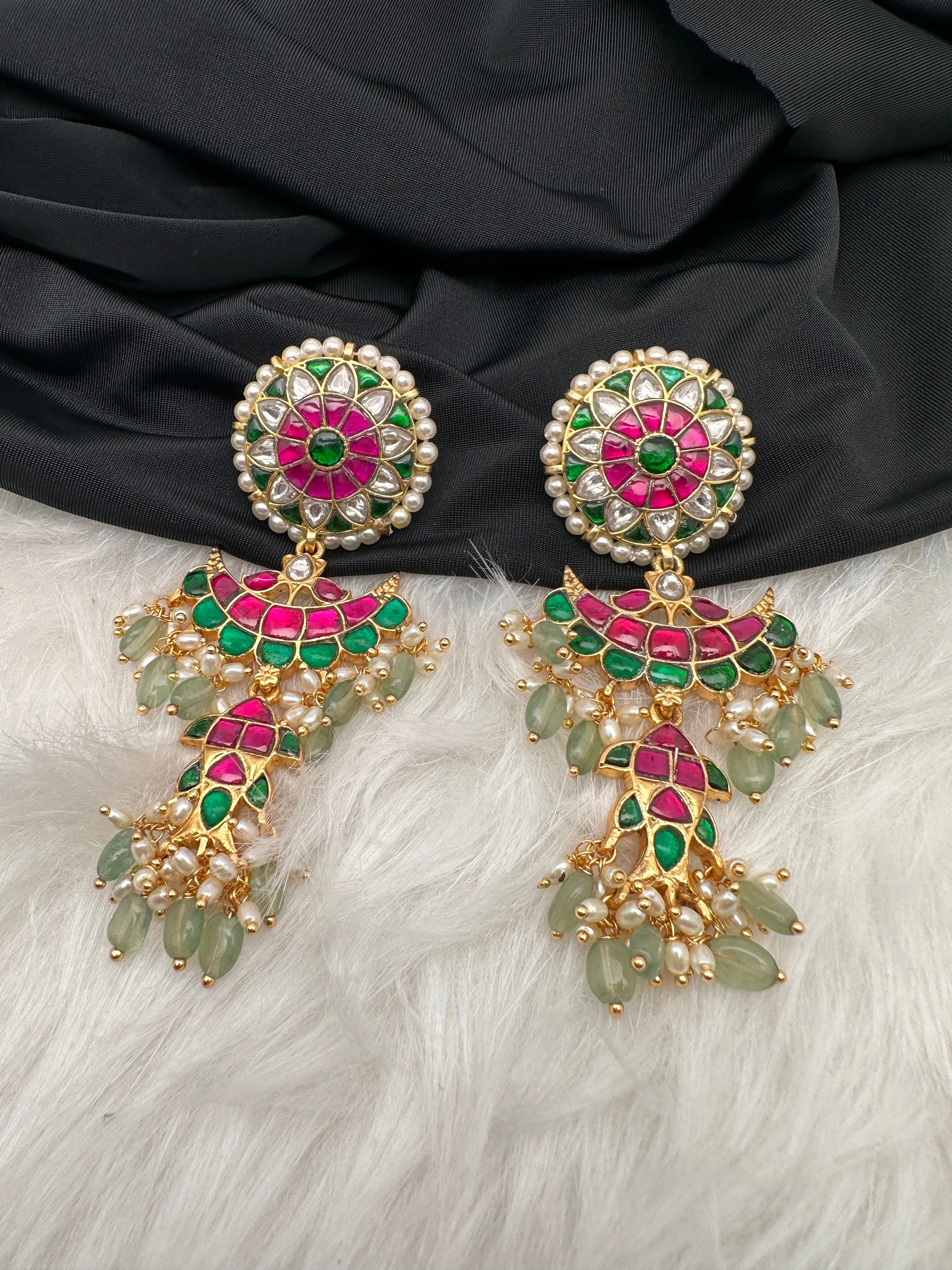 Red Green Jadau Kundan Long Earrings