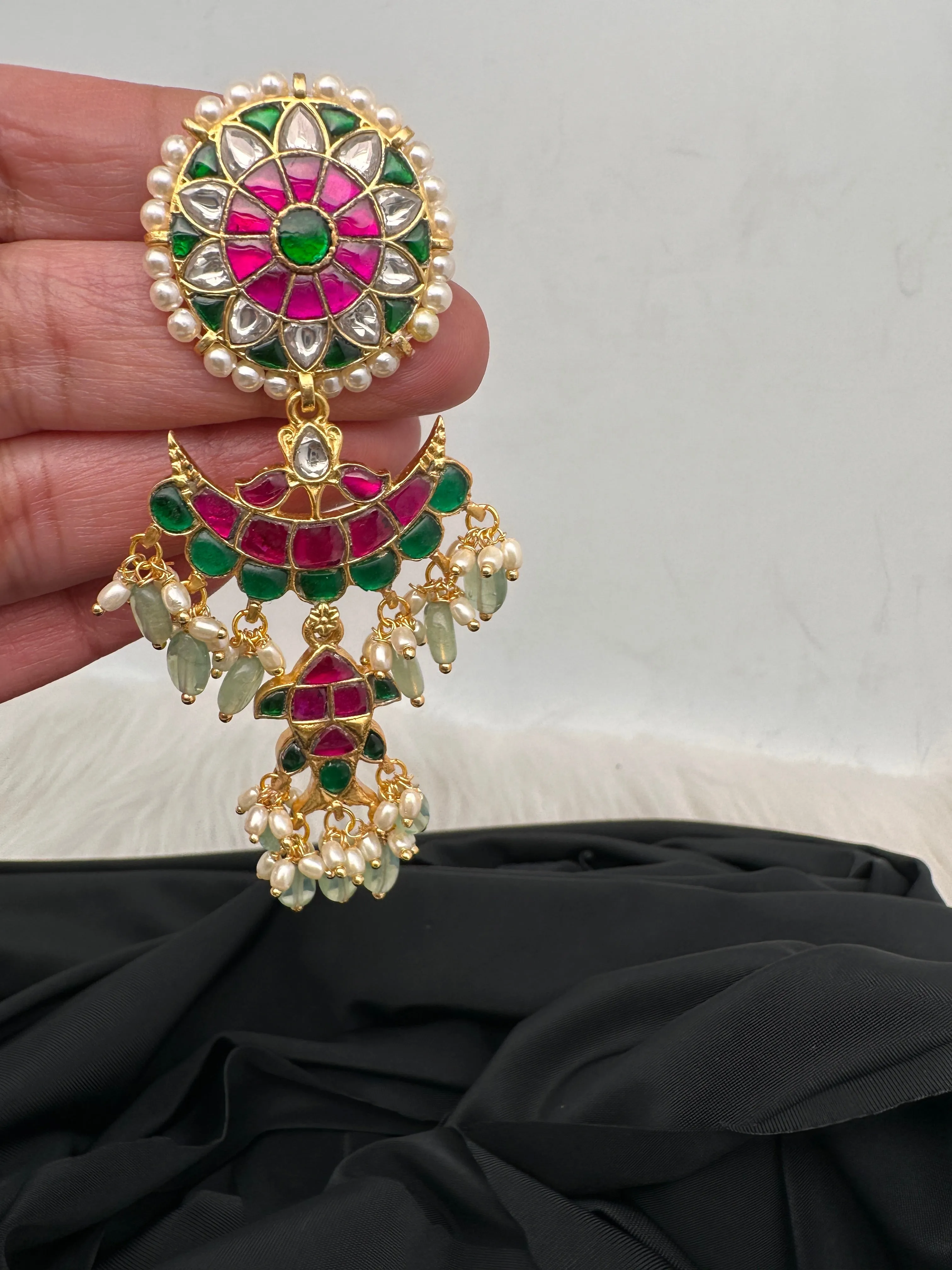 Red Green Jadau Kundan Long Earrings