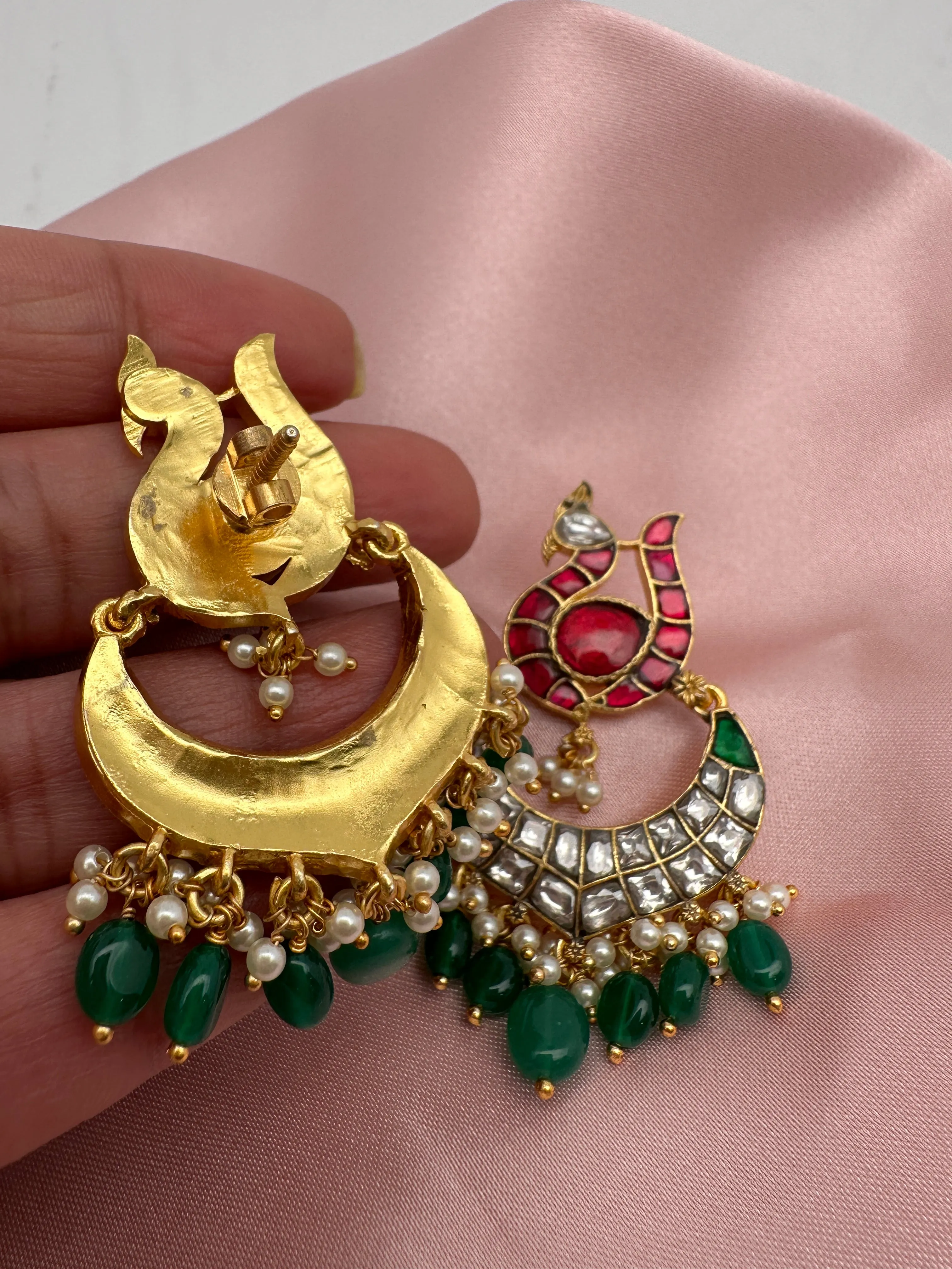 Red Green Jadau Kundan Peacock Design Chandbali Earrings