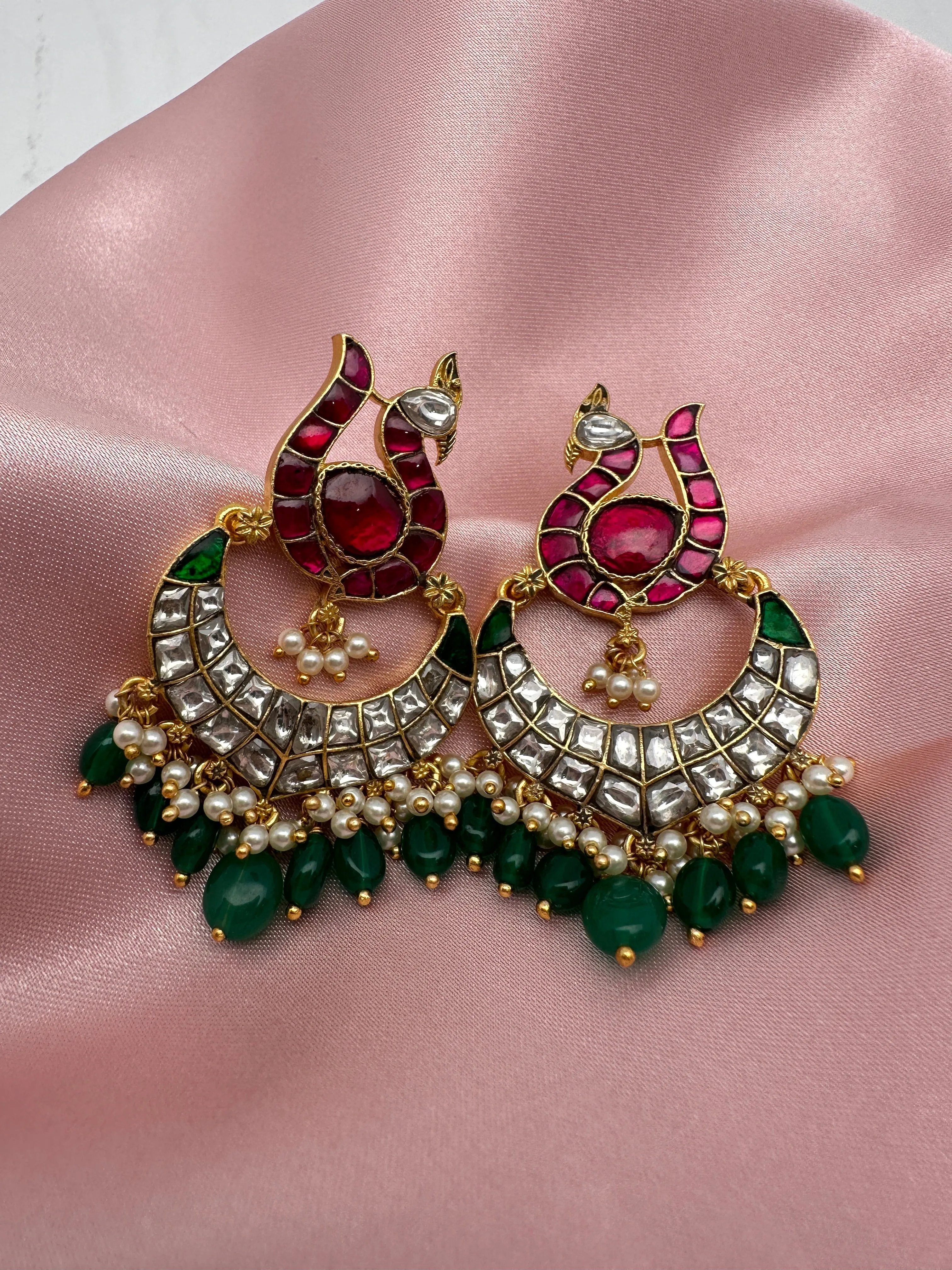 Red Green Jadau Kundan Peacock Design Chandbali Earrings