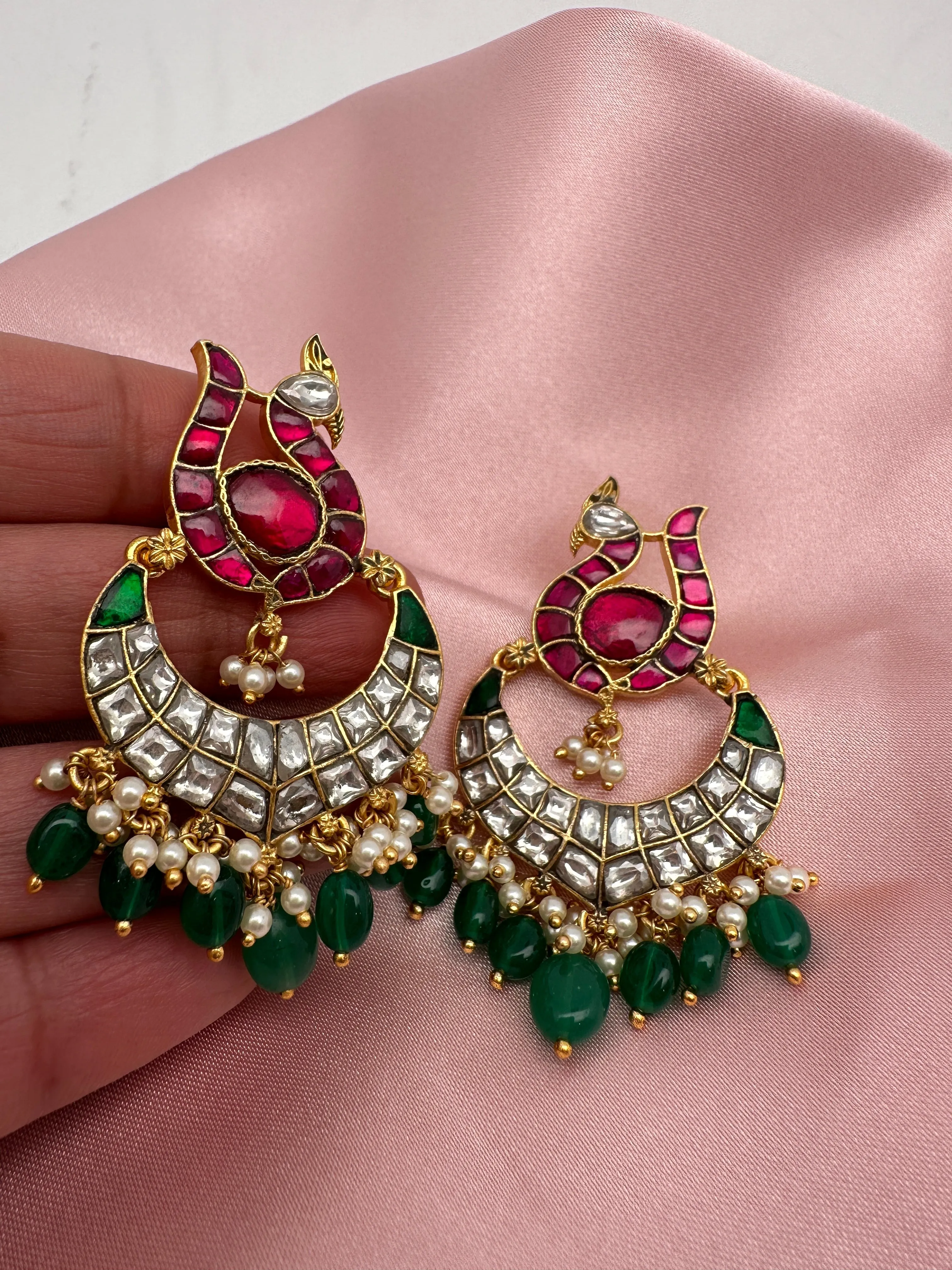 Red Green Jadau Kundan Peacock Design Chandbali Earrings