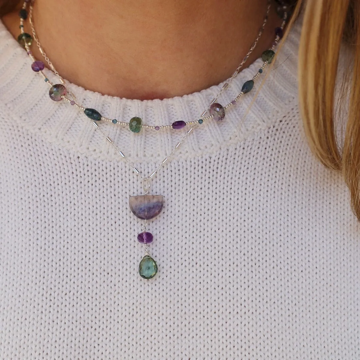 Silver Glass Kyanite, Amethyst & Quartz Necklace