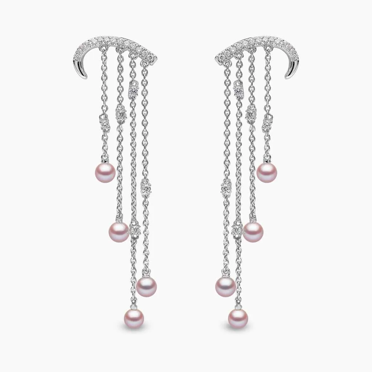 Sleek 18K Gold Pearl and Diamond Arch Chain Drop Earrings