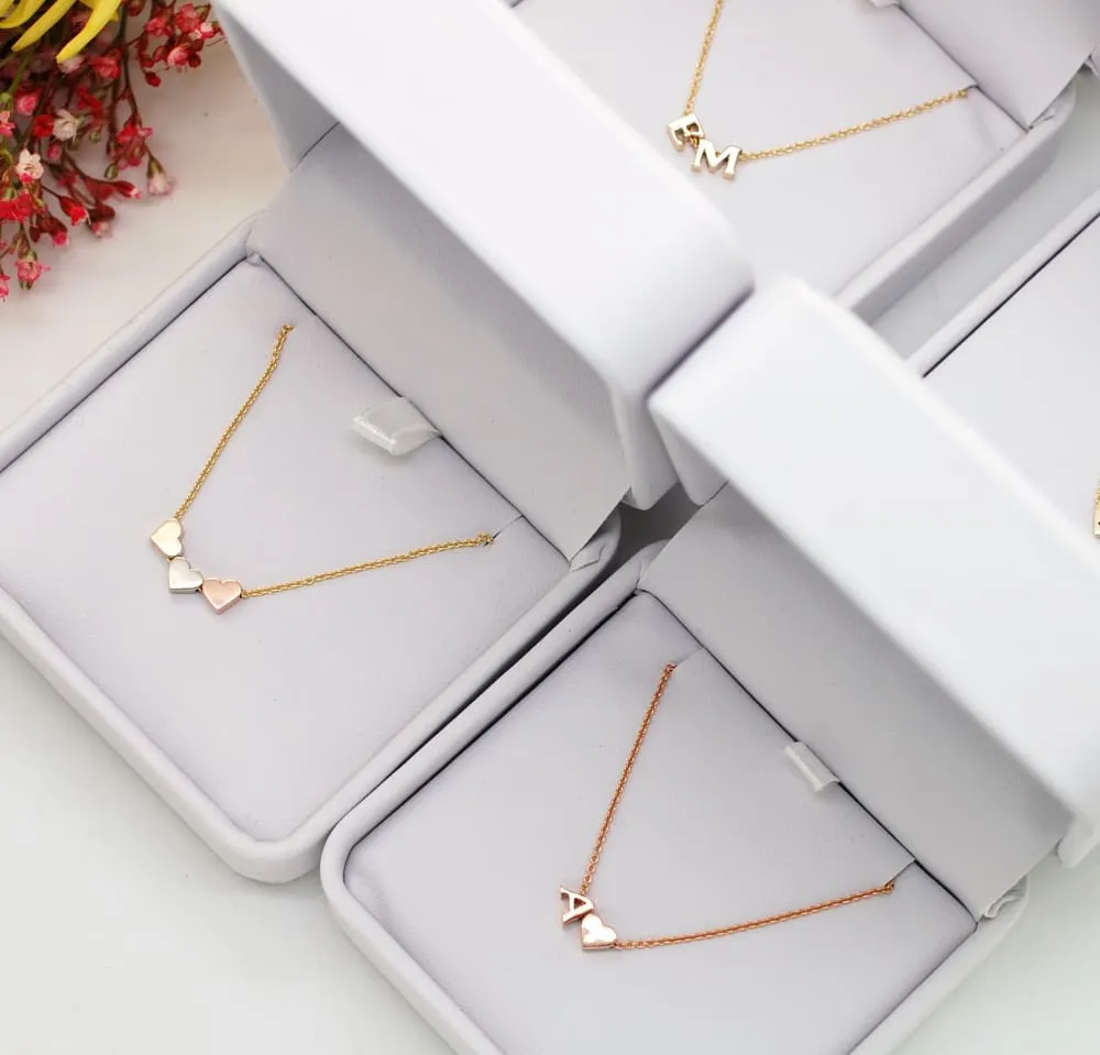 Solid 14K Gold Tiny Heart Necklace add Small Initial Charms