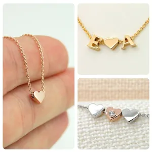 Solid 14K Gold Tiny Heart Necklace add Small Initial Charms