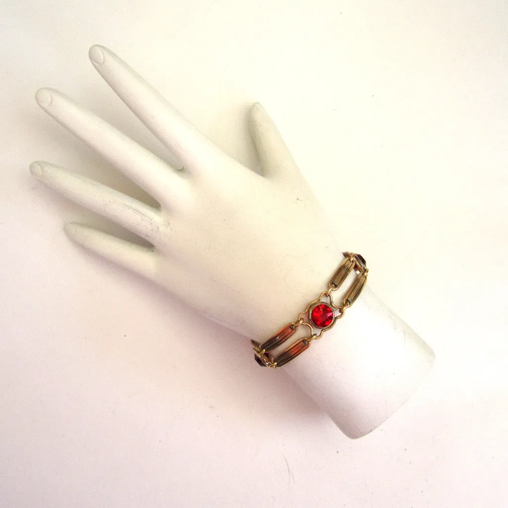 Sterling Silver Vermeil 1/20 12K Gold Red Glass Double Bar Bracelet