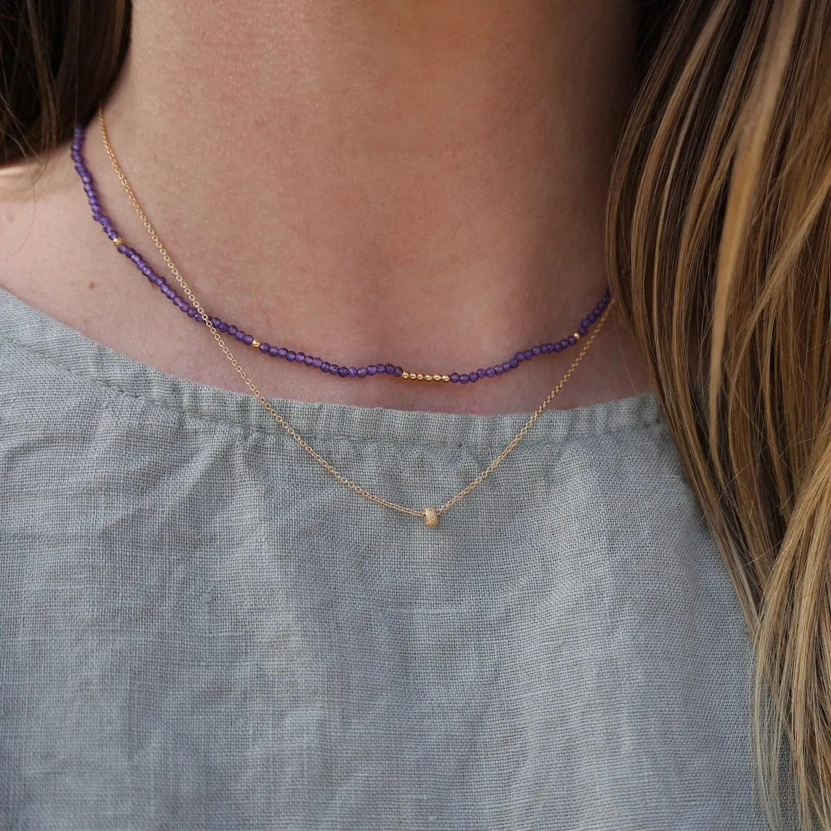 Tiny Amethyst & Gold Nugget Beaded Necklace