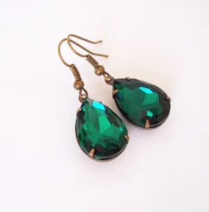 Vintage Emerald Swarovski Teardrop In Antiqued Brass Prong Settings.