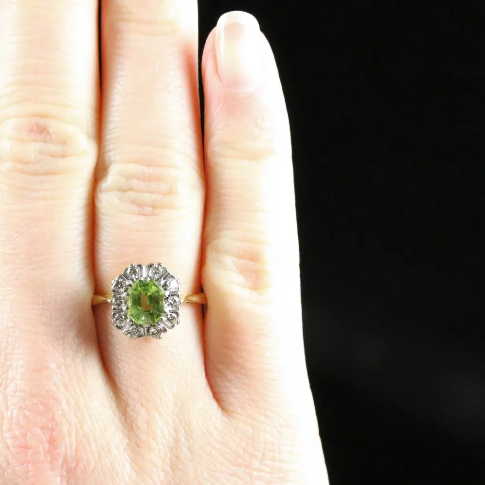 Vintage Peridot Diamond Cluster Engagement Ring Dated London 1975
