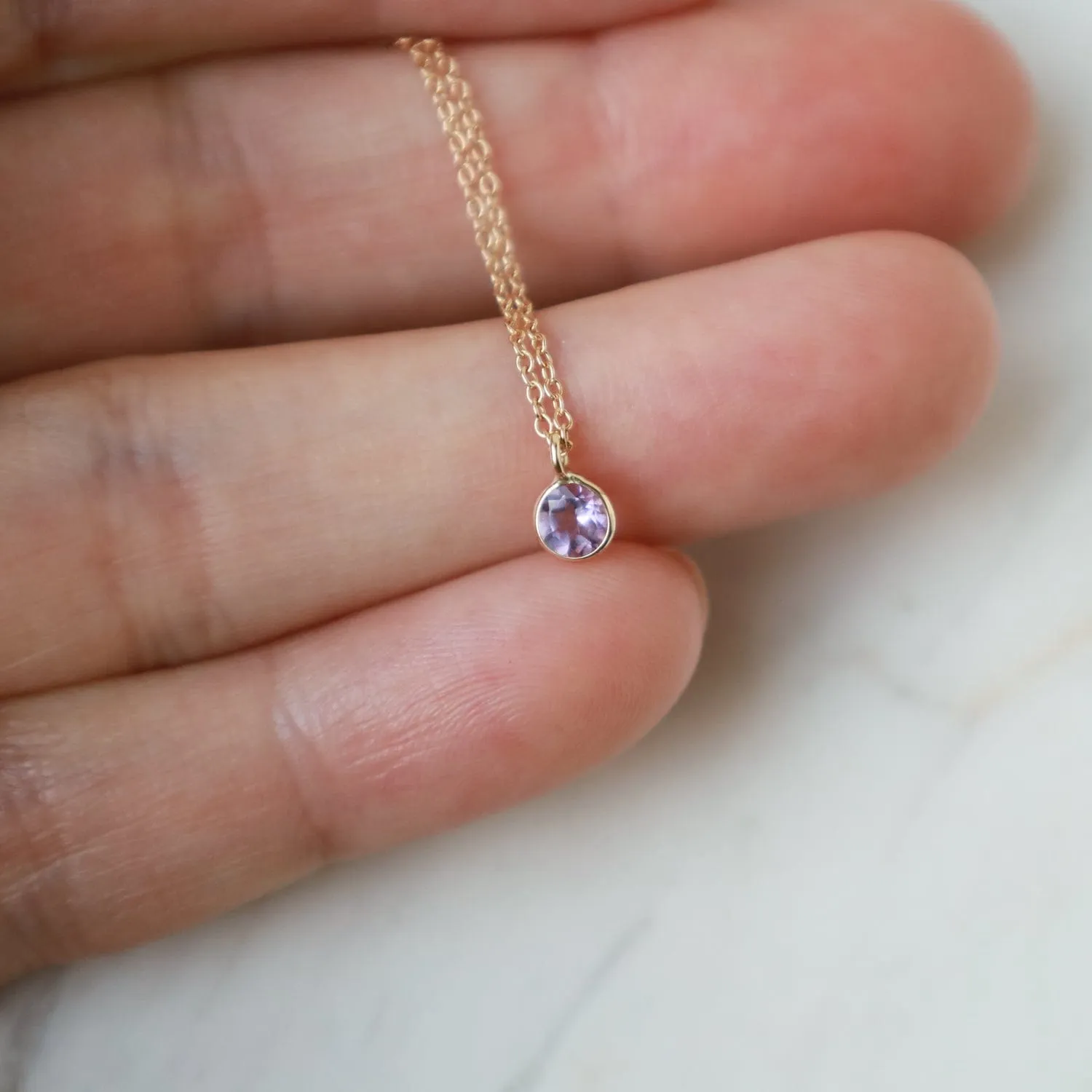 Yellow Gold & Pink Amethyst Solitaire Necklace